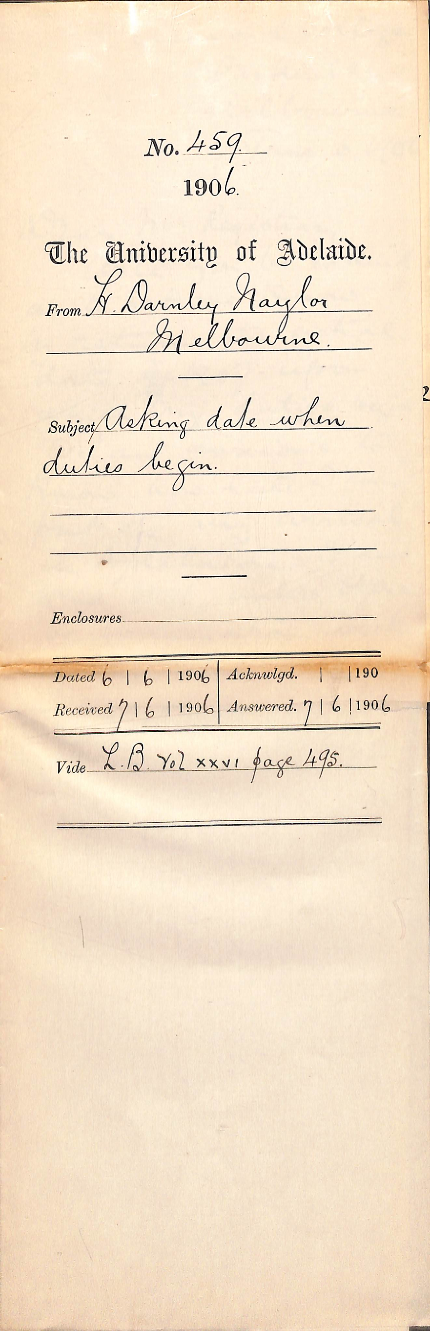 Inquiring after starting date of duties