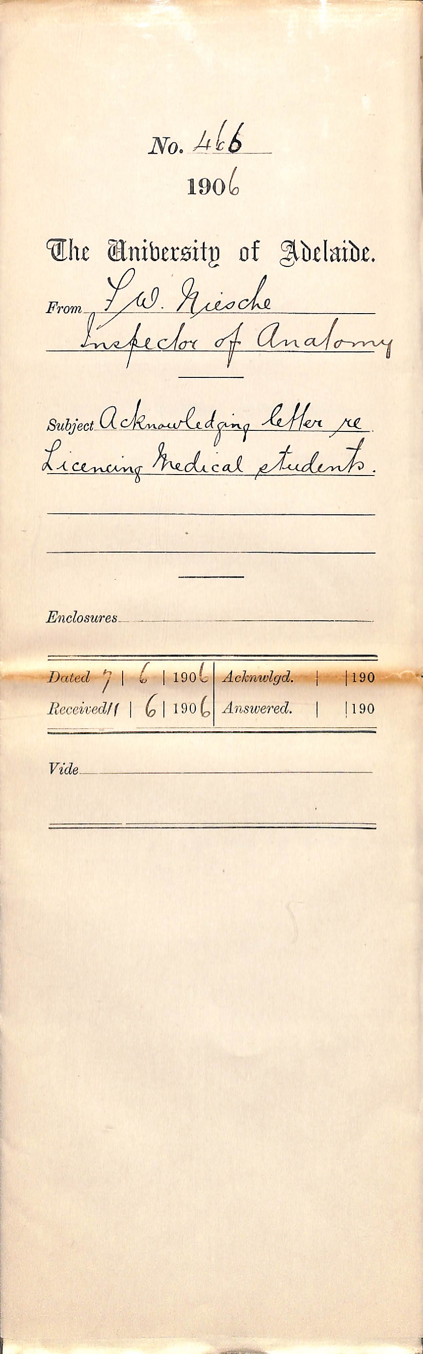 Acknowledging receipt of letter regarding the licensing of medical students