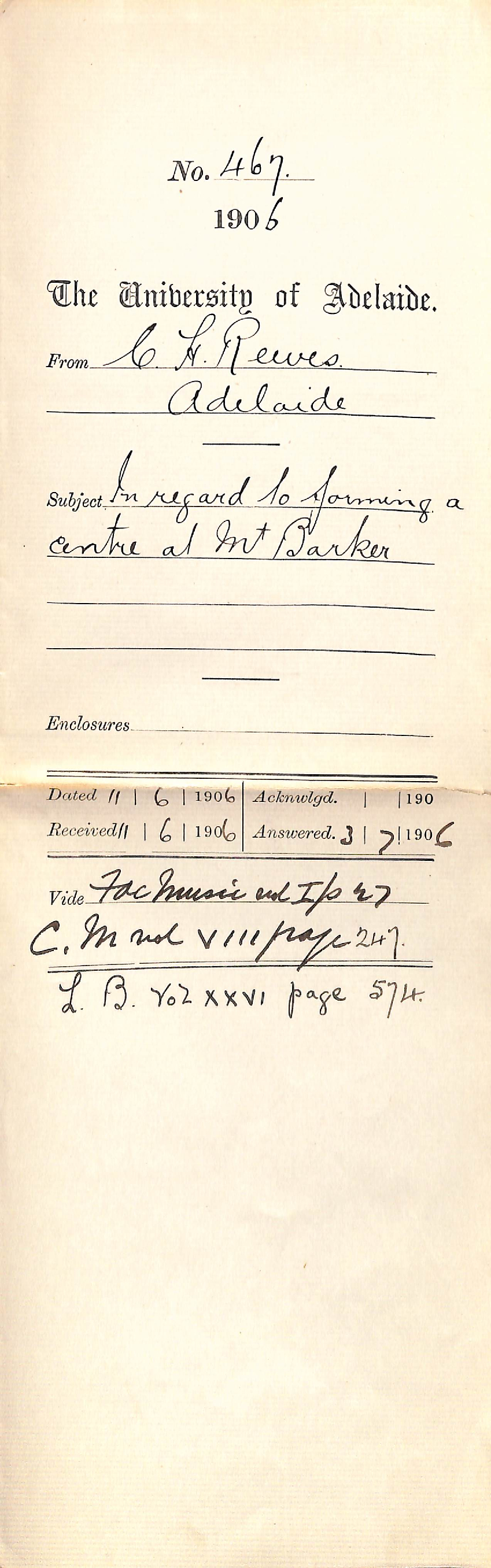 Regarding the formation of a centre at Mount Barker at which music examination could take place