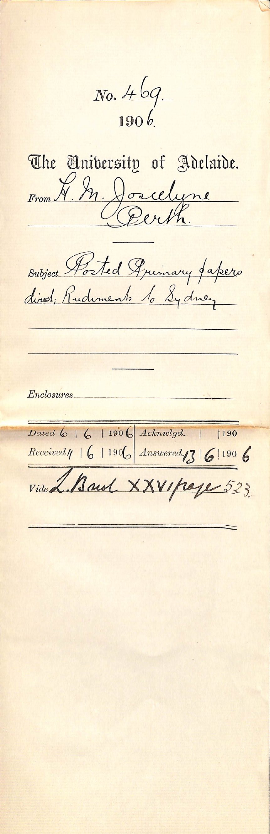 Acknowledging receipt of letter and notification of posting Primary Theory of Music papers directly and Rudiments papers to Sydney