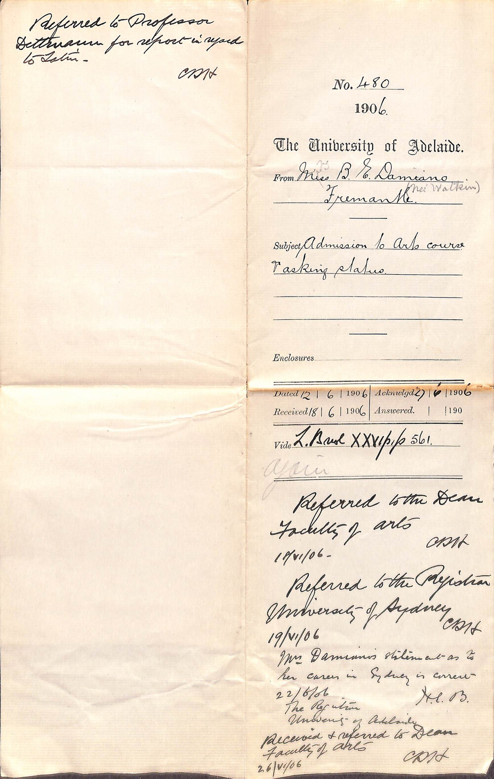 Admission to Arts Course and asking status - Damiano