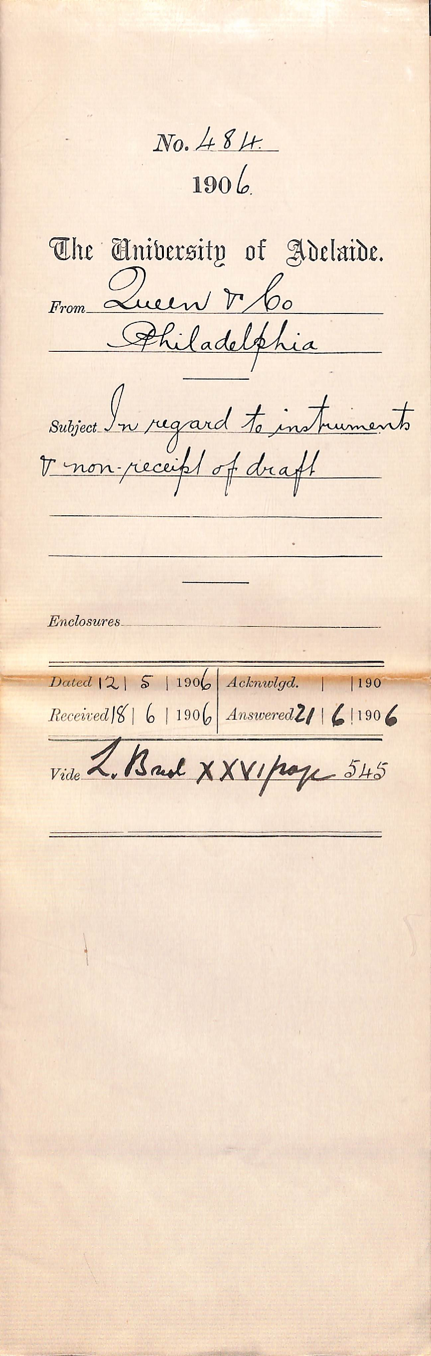 In regard to Instruments and Non Receipt of Draft