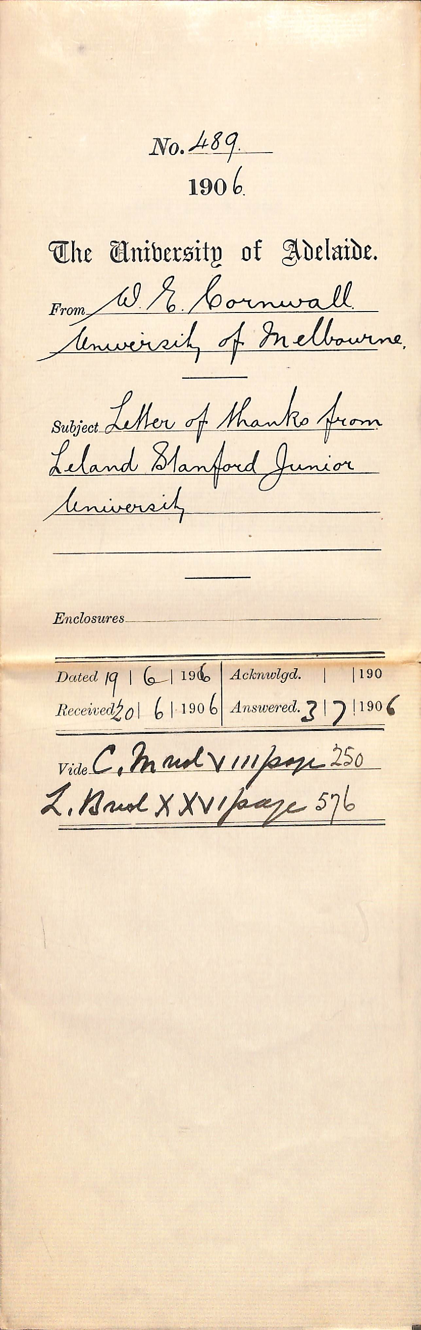 Letter of thanks from Leland Stanford Junior University