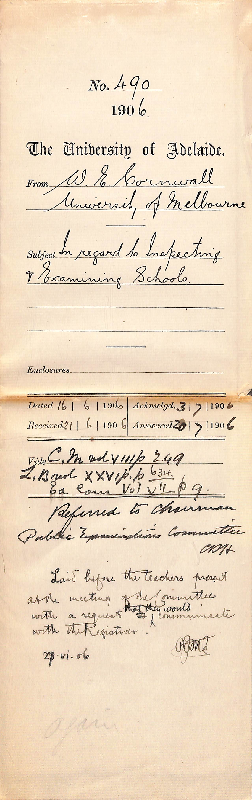 In regard to Inspecting and Examining Schools