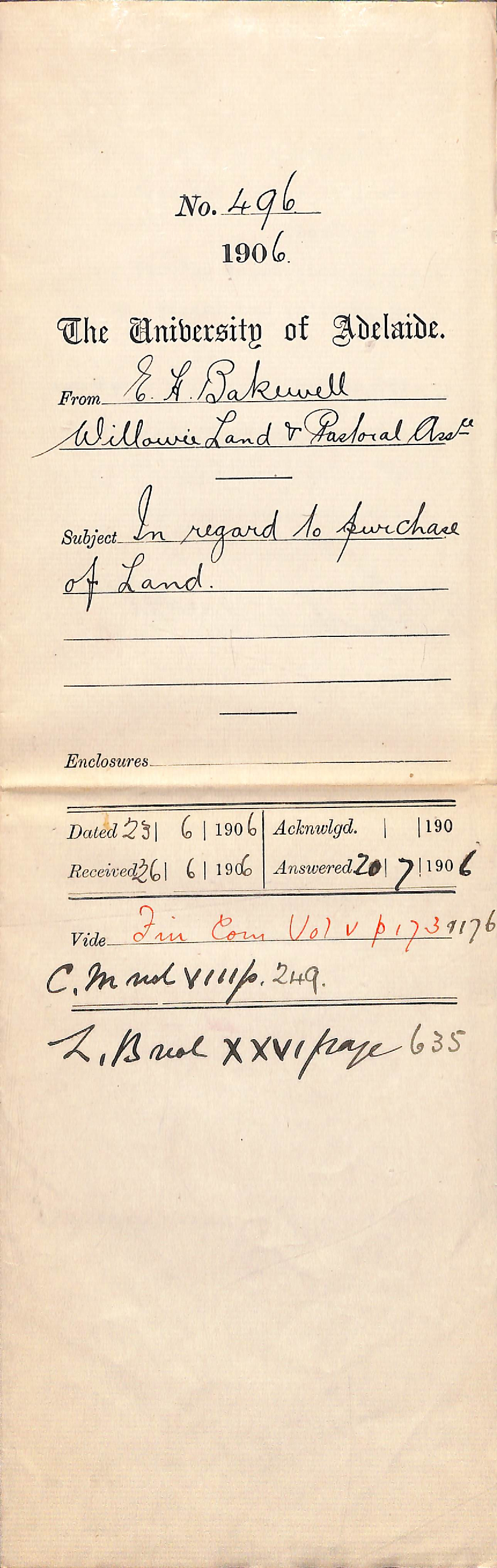 In regard to purchase of Land