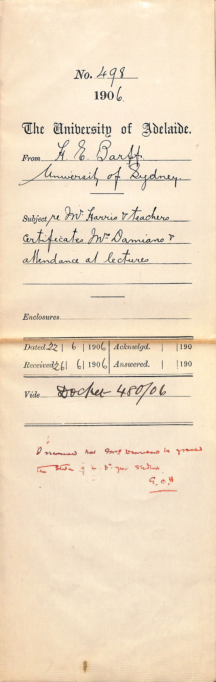 Mr Harris Teachers Certificates - Mrs Damiano attendance at lectures