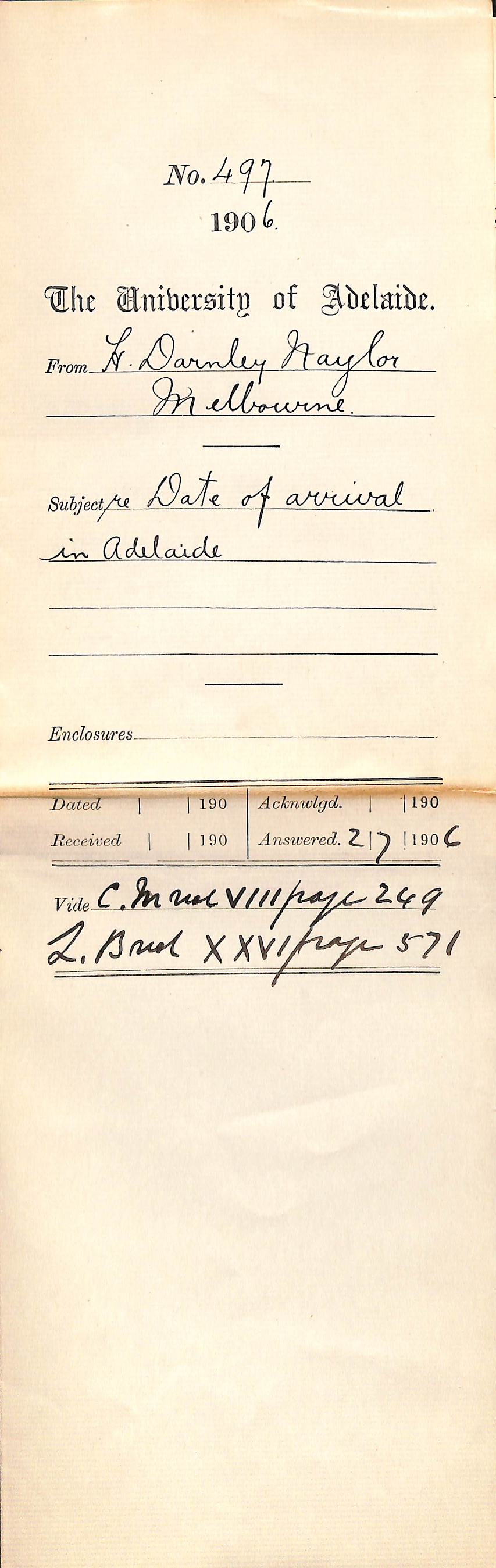 Date of arrival in Adelaide