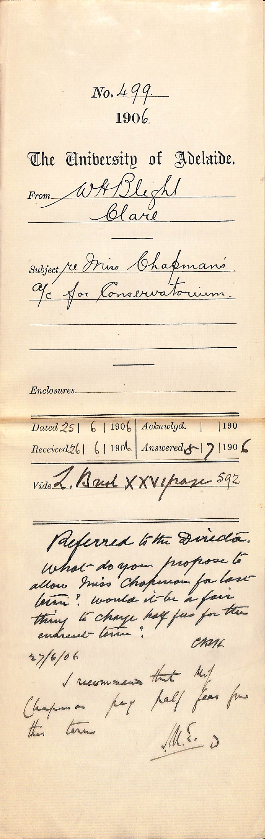 Miss Chapman's Account for Conservatorium