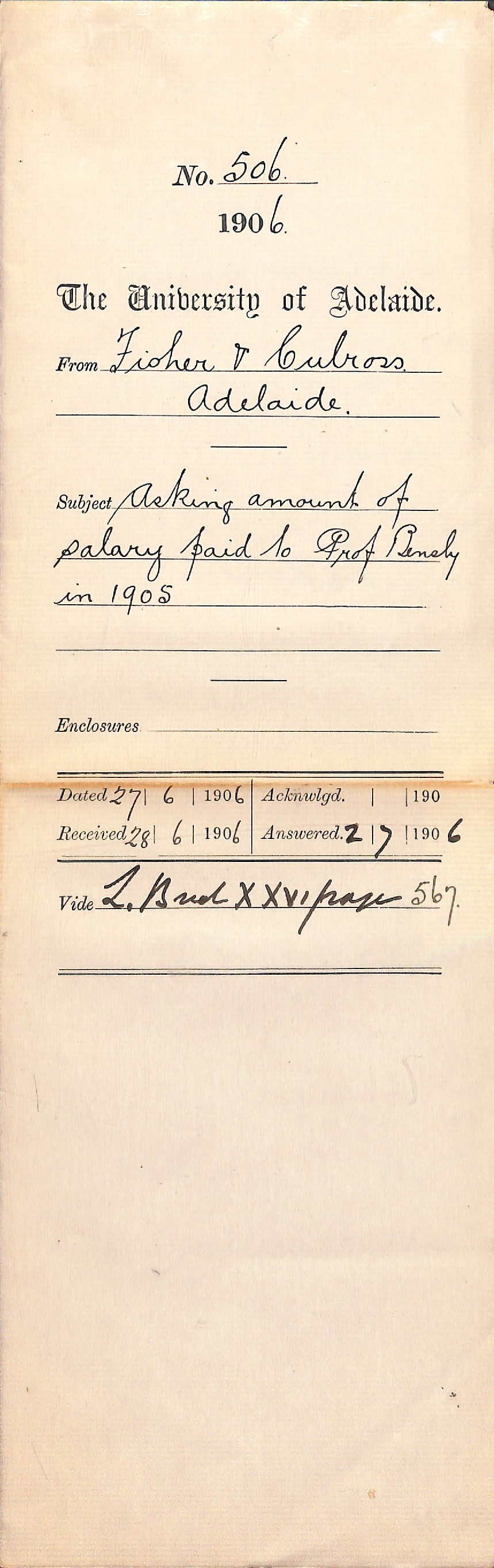 Asking amount of Salary paid to Professor Bensly in 1905