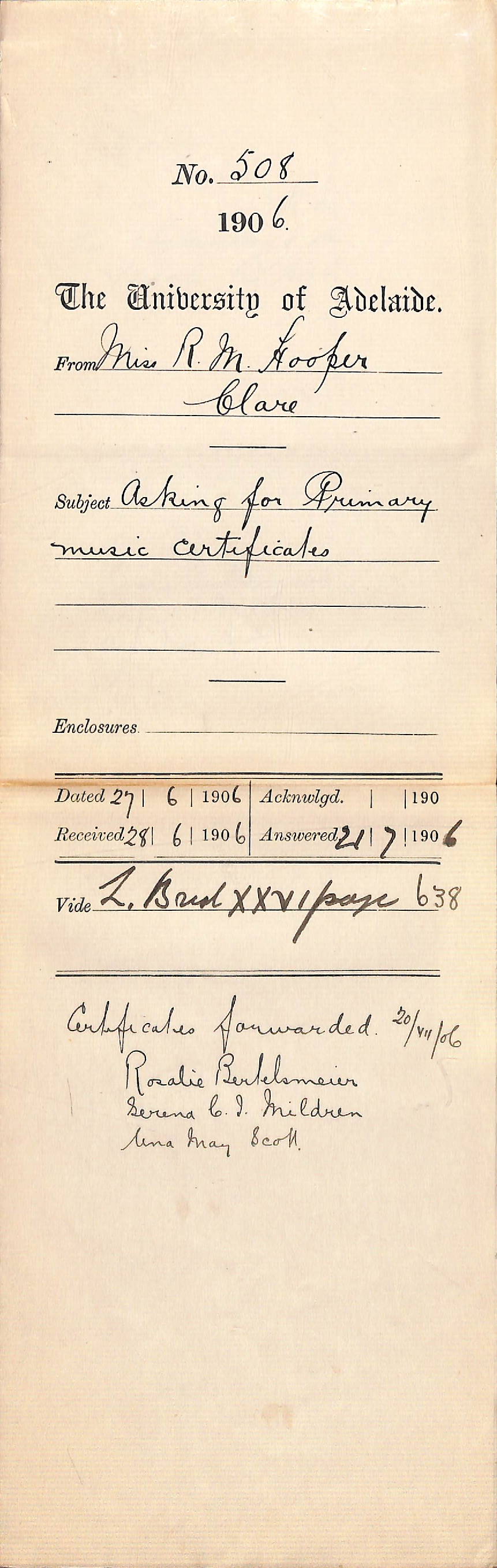 Asking for Primary Music Certificates - Rosalie Bertelsmeier - Serena C I Mildren - Una May Scott