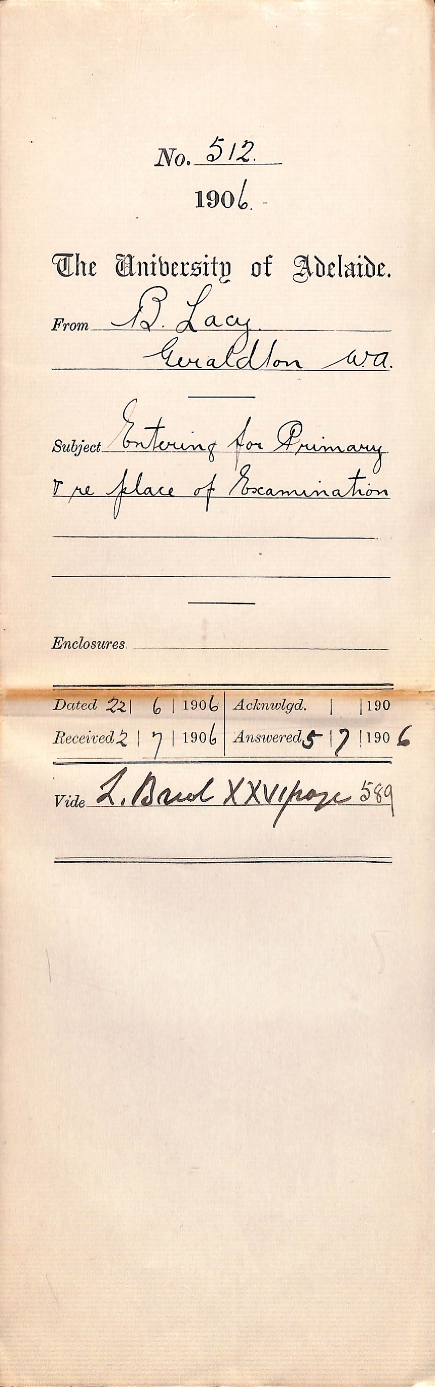 Entering for Primary re Place of Examination