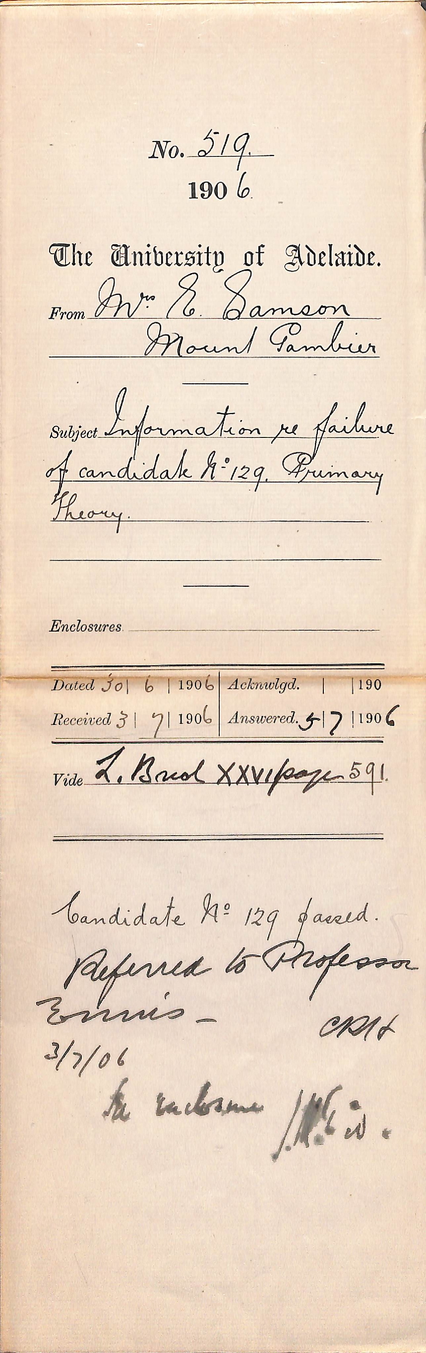 Information re failure of Candidate No 129 Primary Theory