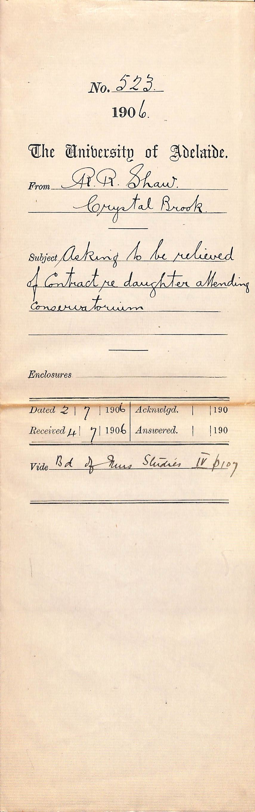 Asking to be relieved of Contract re daughter attending Conservatorium