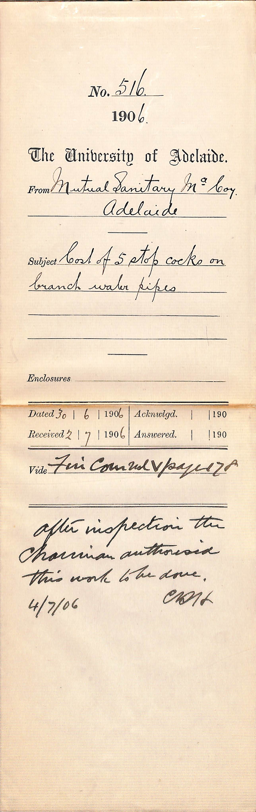 Cost of 5 stop cocks on Branch Water Pipes