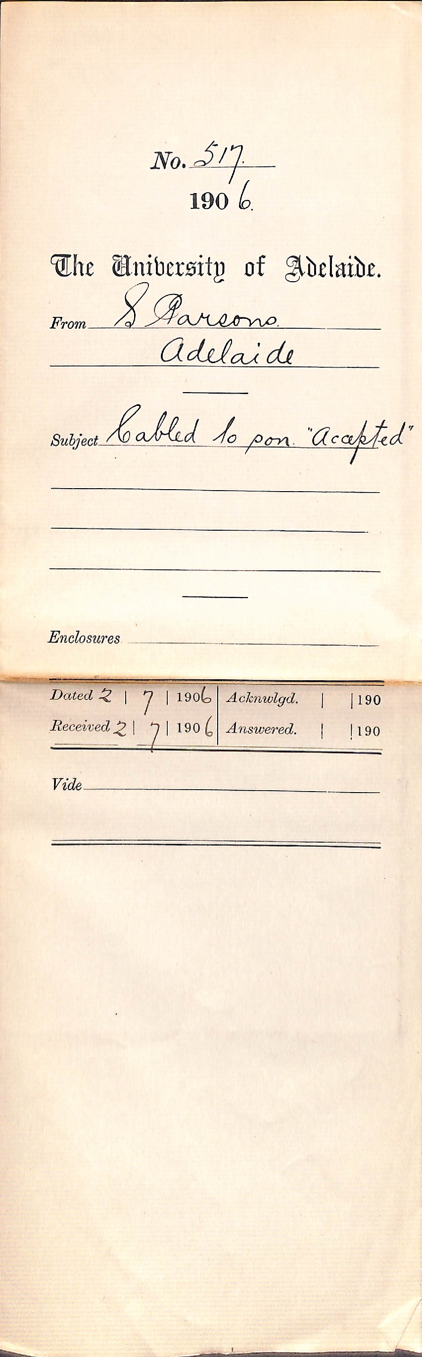 Cabled to son Accepted