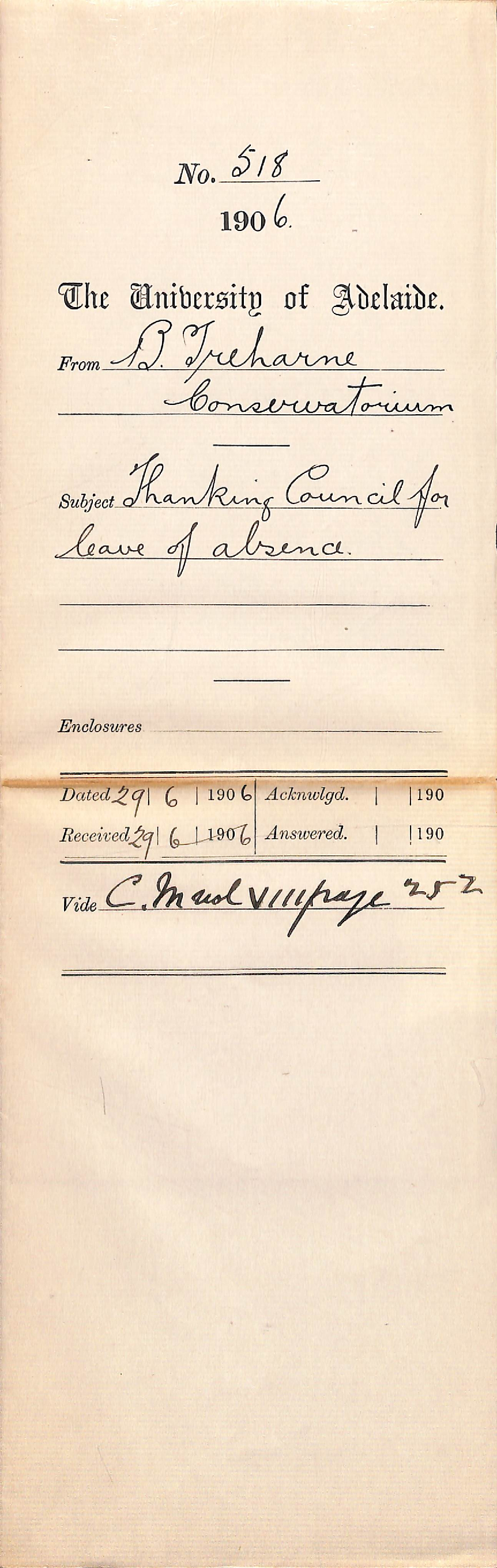 Thanking Council for leave of absence - Treharne