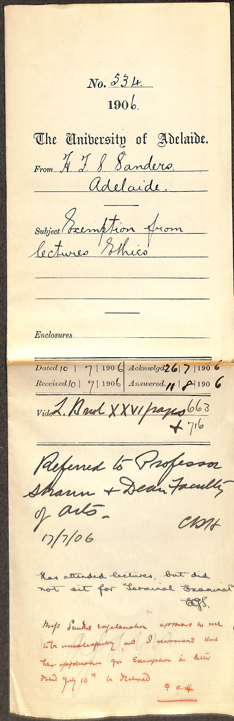 Exemption from lectures Ethics - Sanders