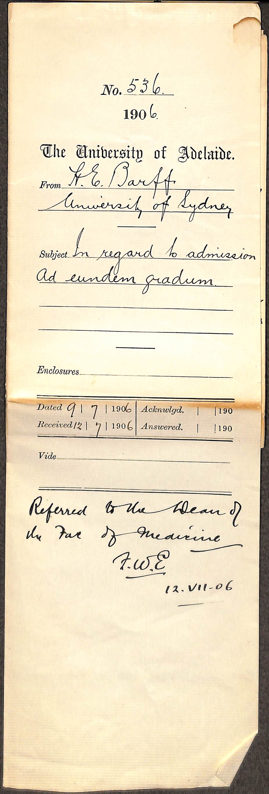 In regard to admission Ad eundem gradum