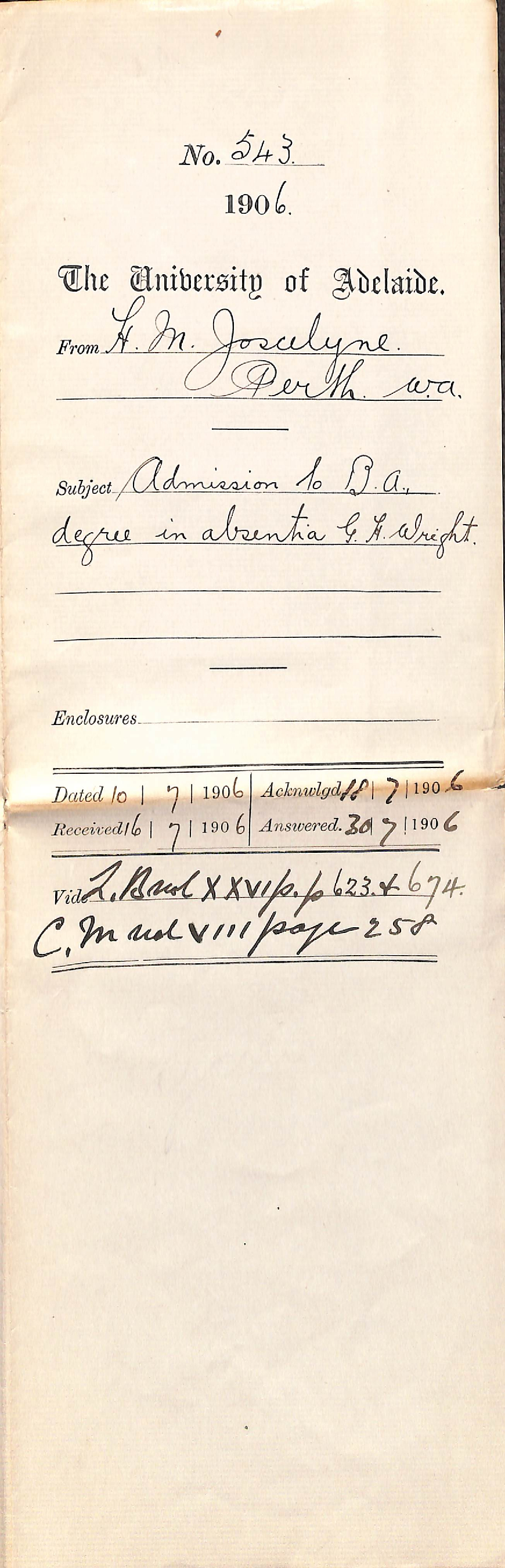 Admission to BA degree in absentia G H Wright