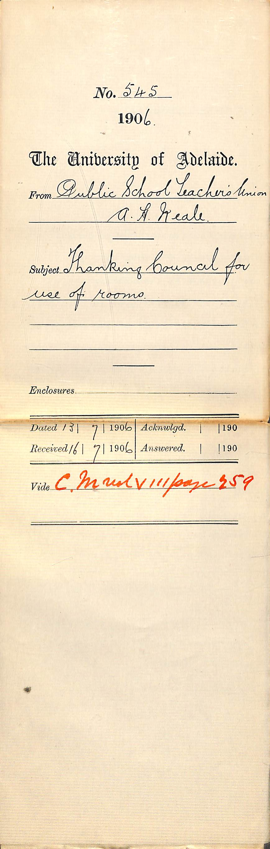 Thanking Council for use of Rooms - Neale