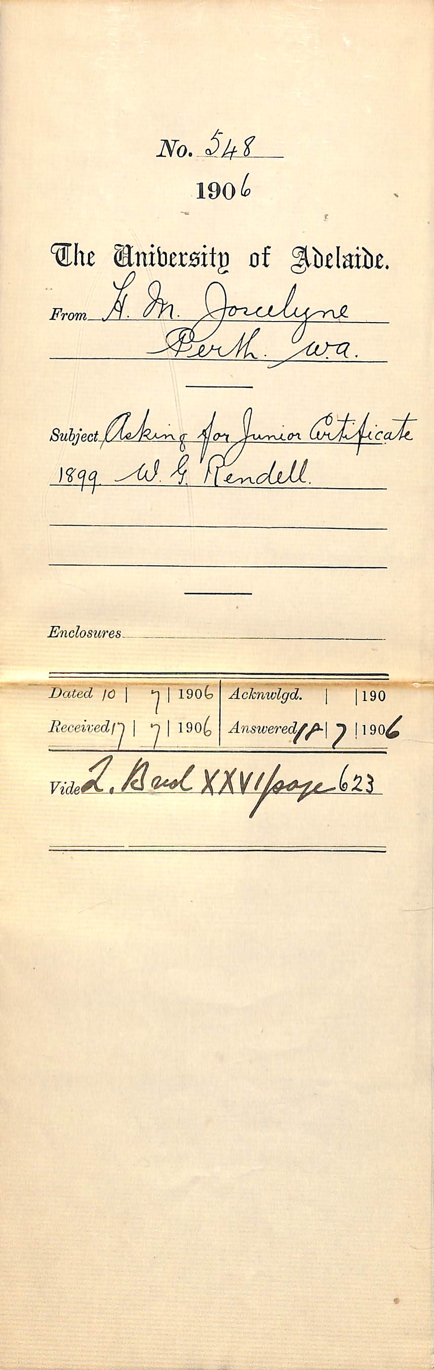 Asking for Junior Certificate 1899 W [Walter Grant] Rendell