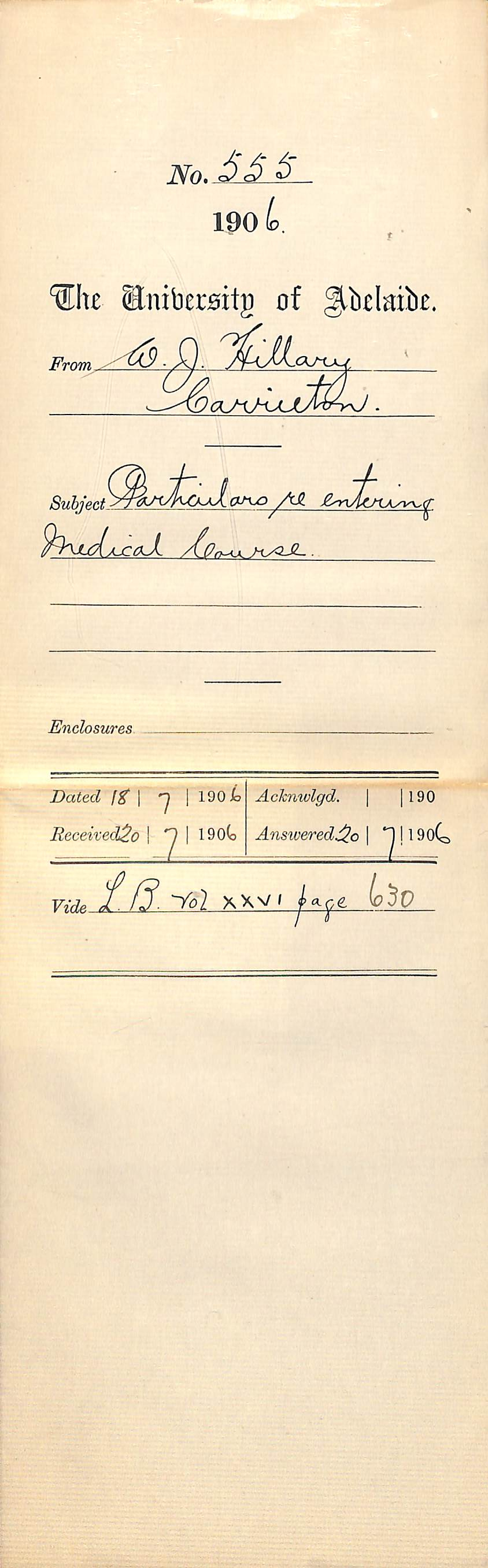 Particulars re entering Medical Course