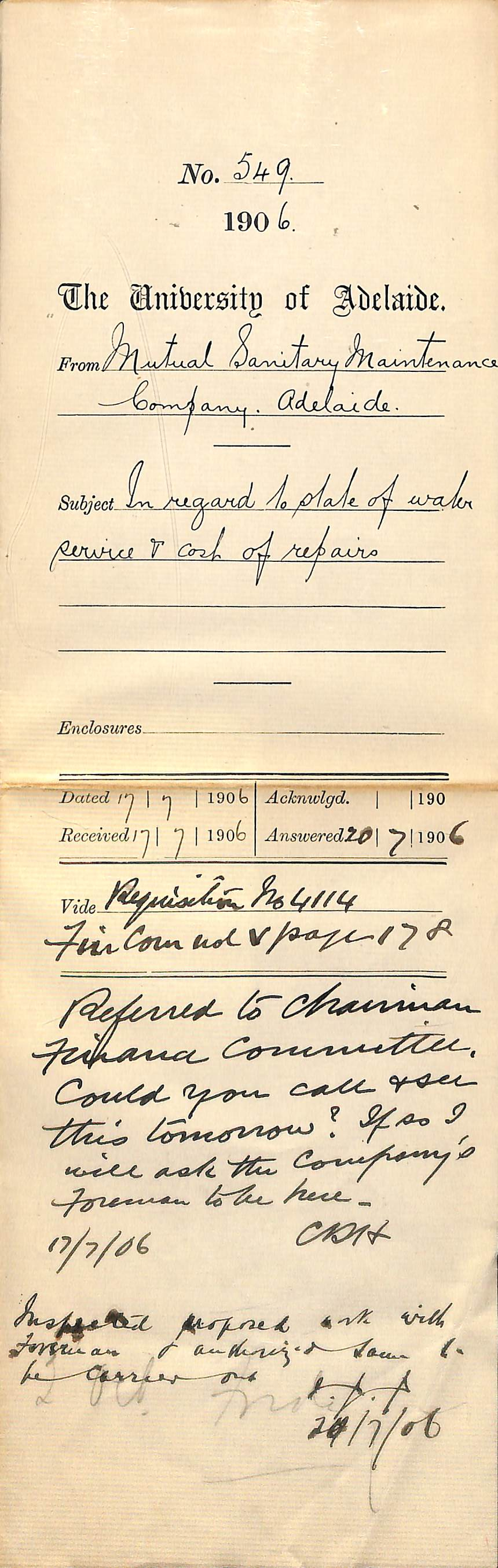 In regard to state of water service and cost of repairs