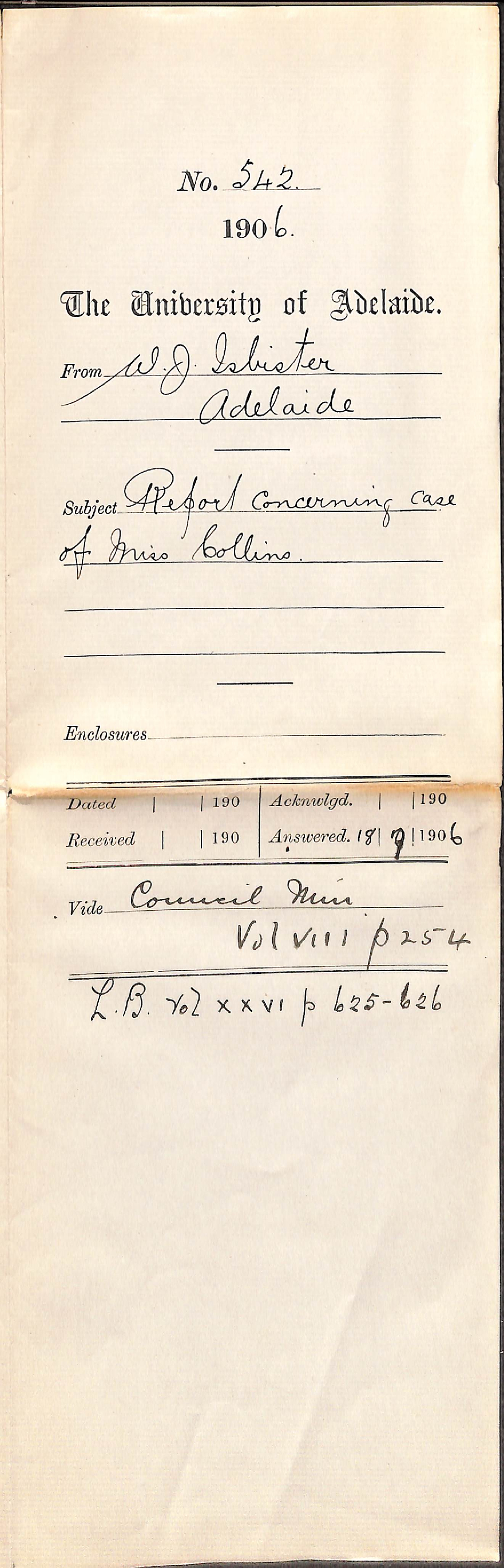 Report concerning case of Miss Collins