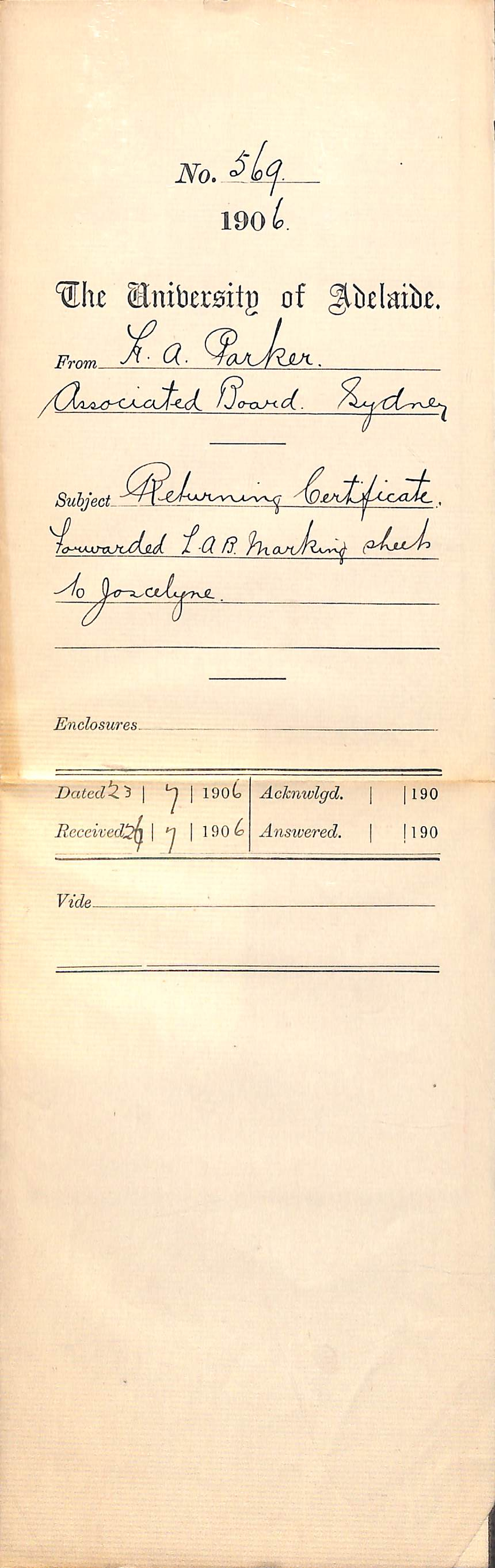 Returning Certificate Forwarded LAB Marking Sheet to Joscelyne
