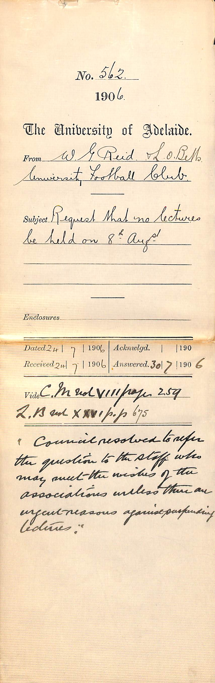 Request that no lectures be held on 8th August