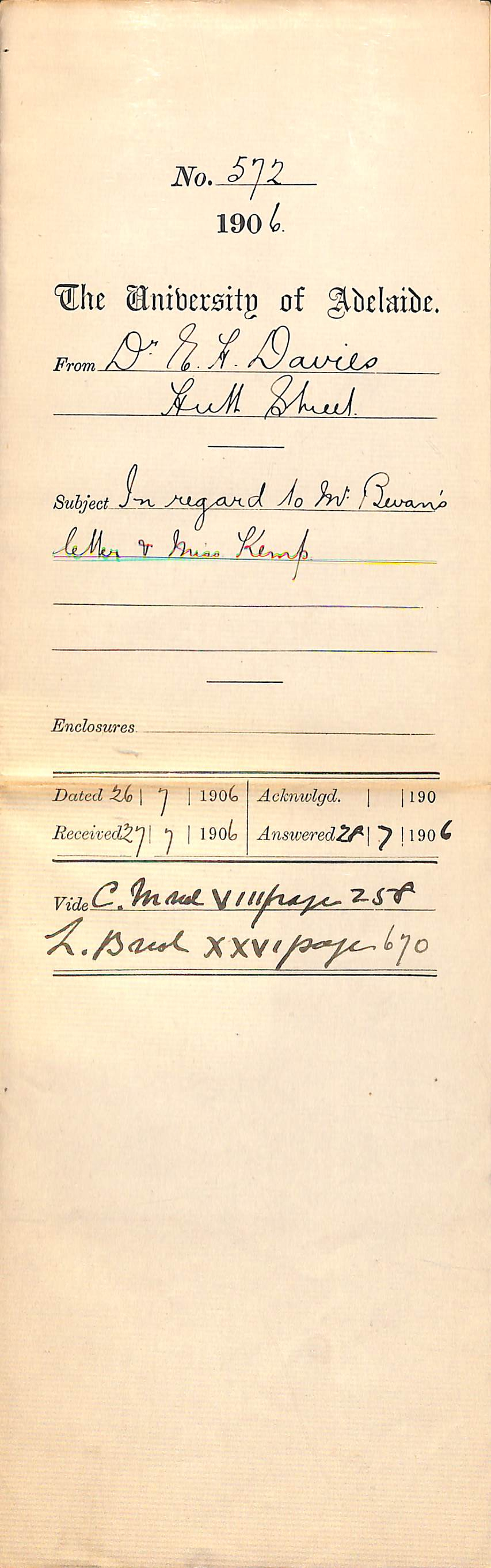 In regard to Mr Bevan's letter and Miss Kemp