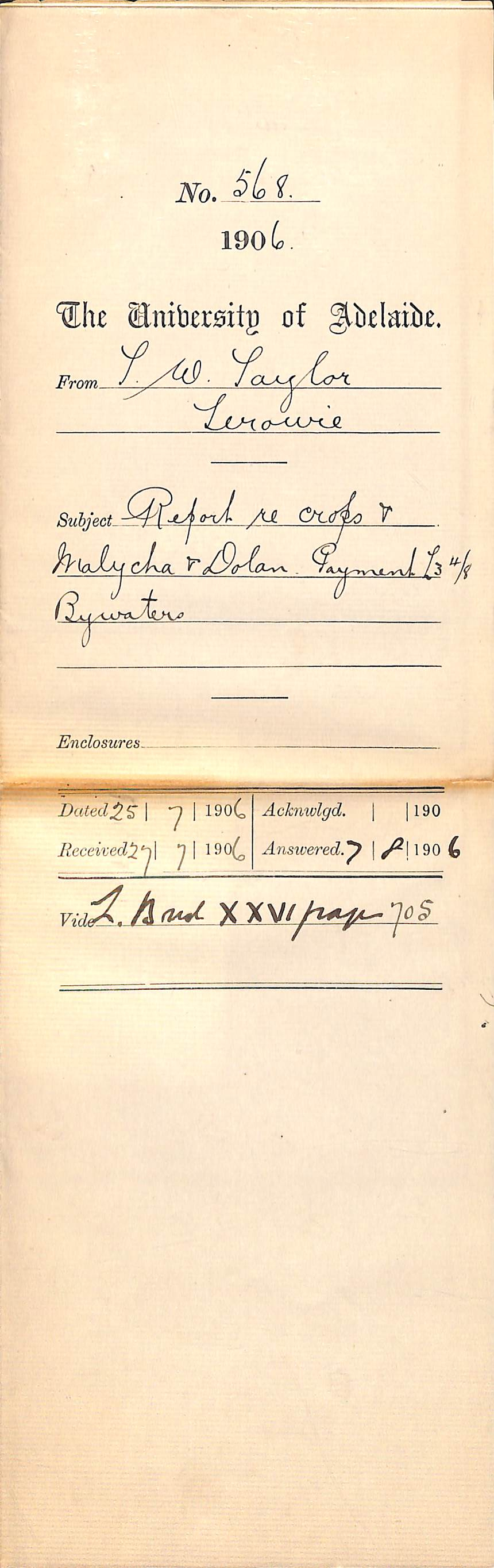 Report re crops and Malycha and Dolan Payment &pound;3-4-8 Bywaters