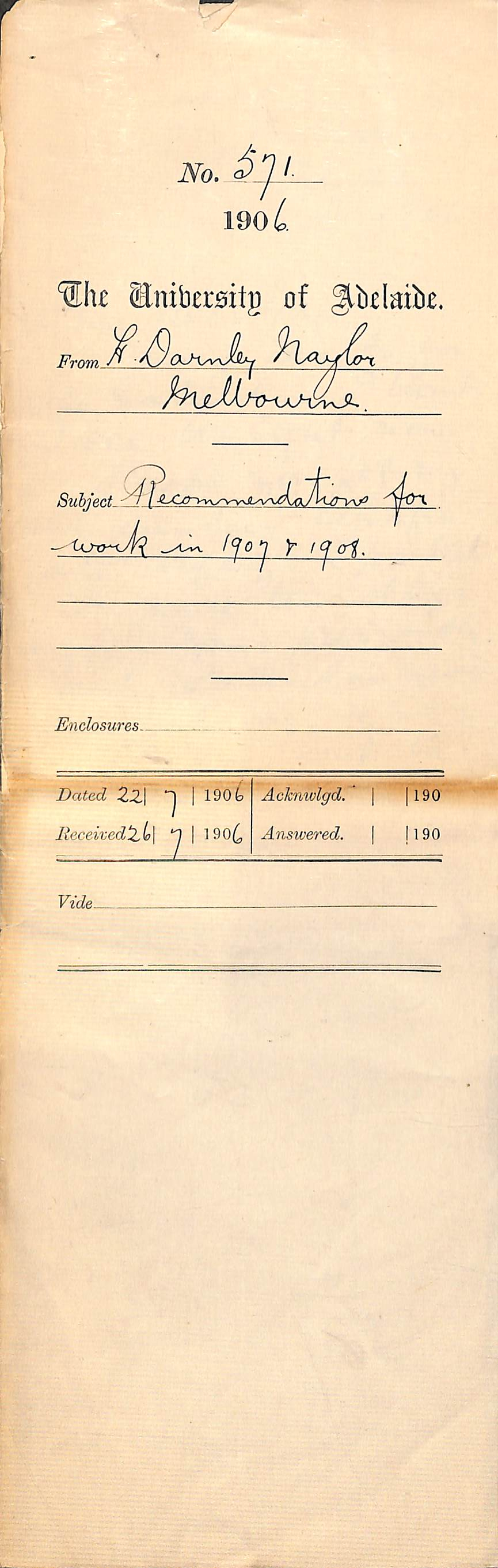 Recommendations for Work in 1907 and 1908