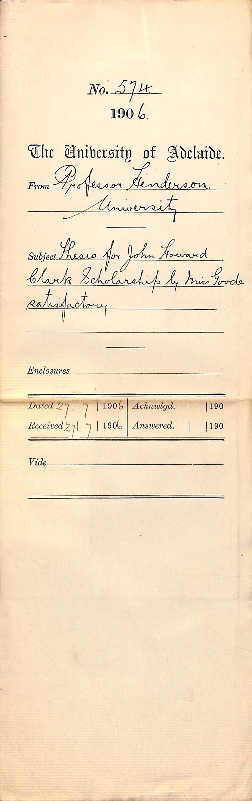 Thesis for John Howard Clark Scholarship by Miss Goode satisfactory