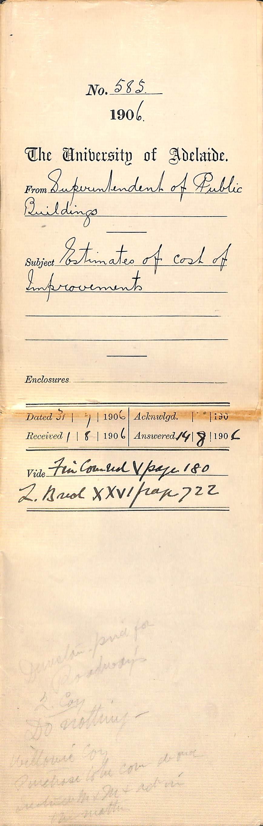 Estimates of cost of Improvements