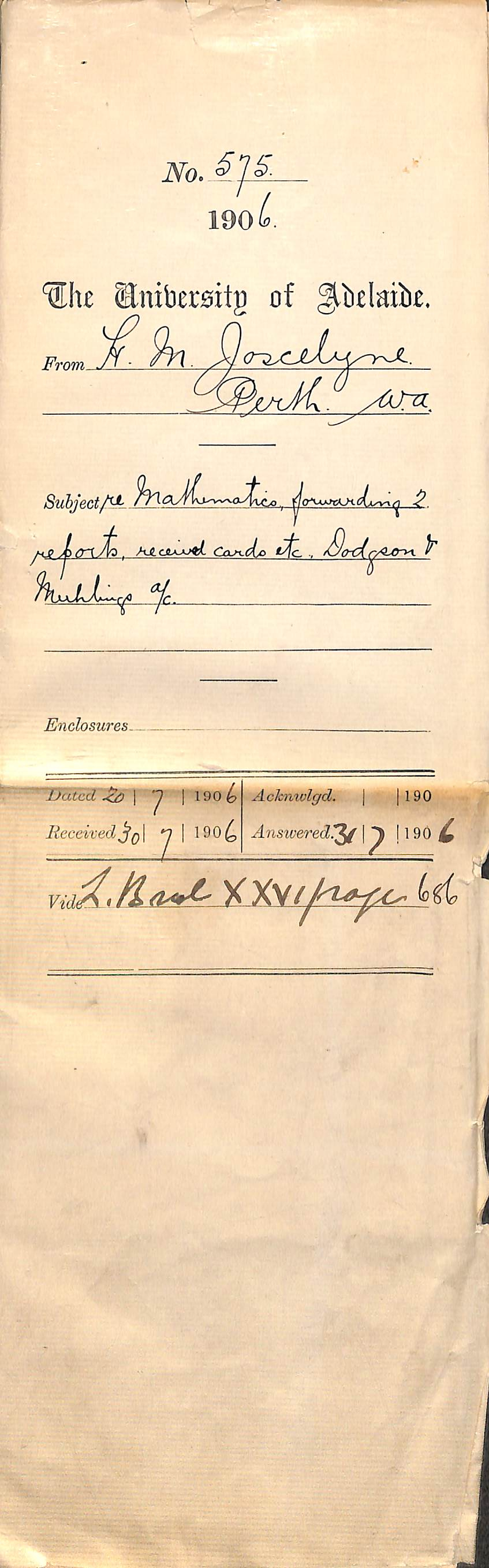 Re Mathematics Forwarding 2 Reports received Cards etc Dodgson and Muhlings Accounts