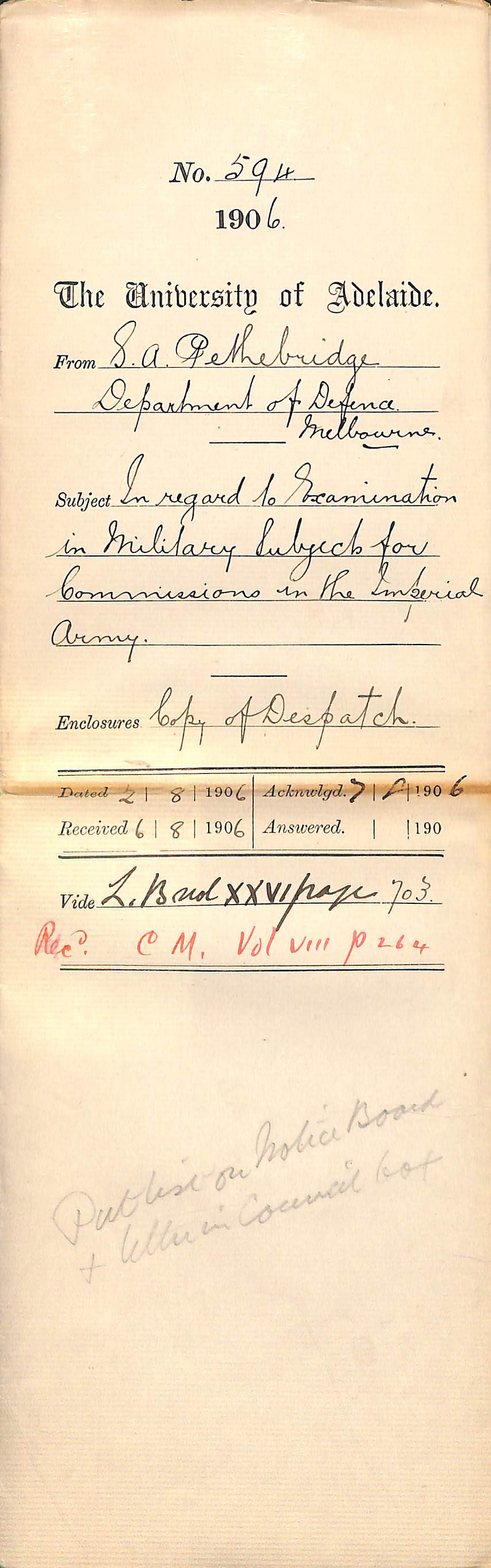 In regard to Examination in Military Subjects for Commissions in the Imperial Army