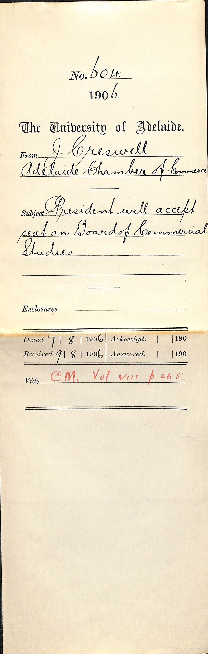 President will accept seat on Board of Commercial Studies