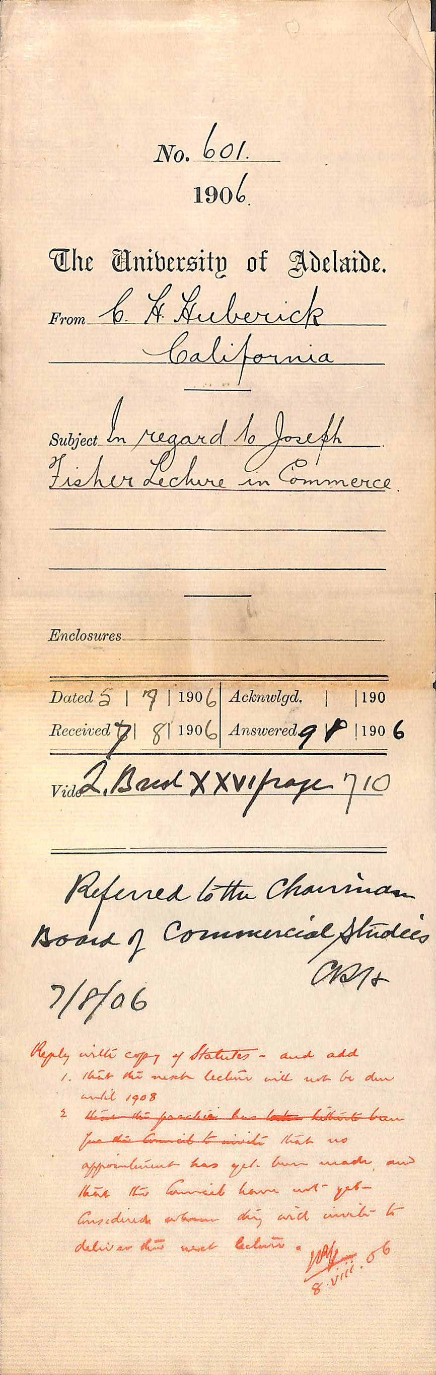 In regard to Joseph Fisher Lecture in Commerce