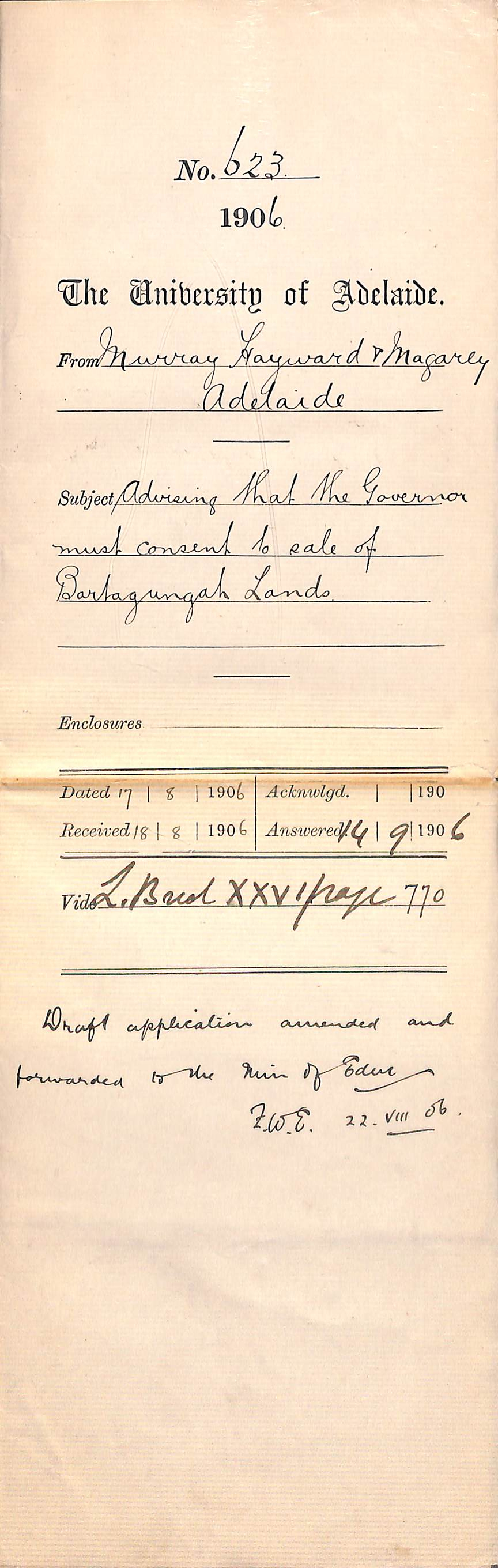 Advising that the governor must consent to sale of Bartagungah Lands