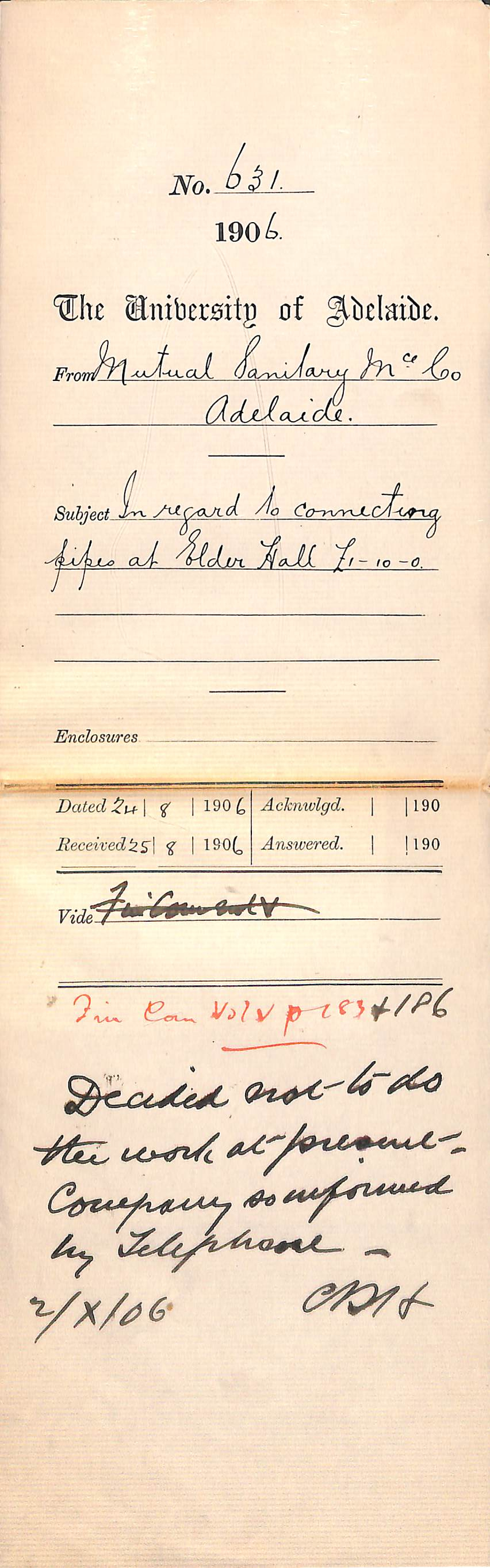  In regard to connecting pipes at Elder Hall &pound;1-10-0