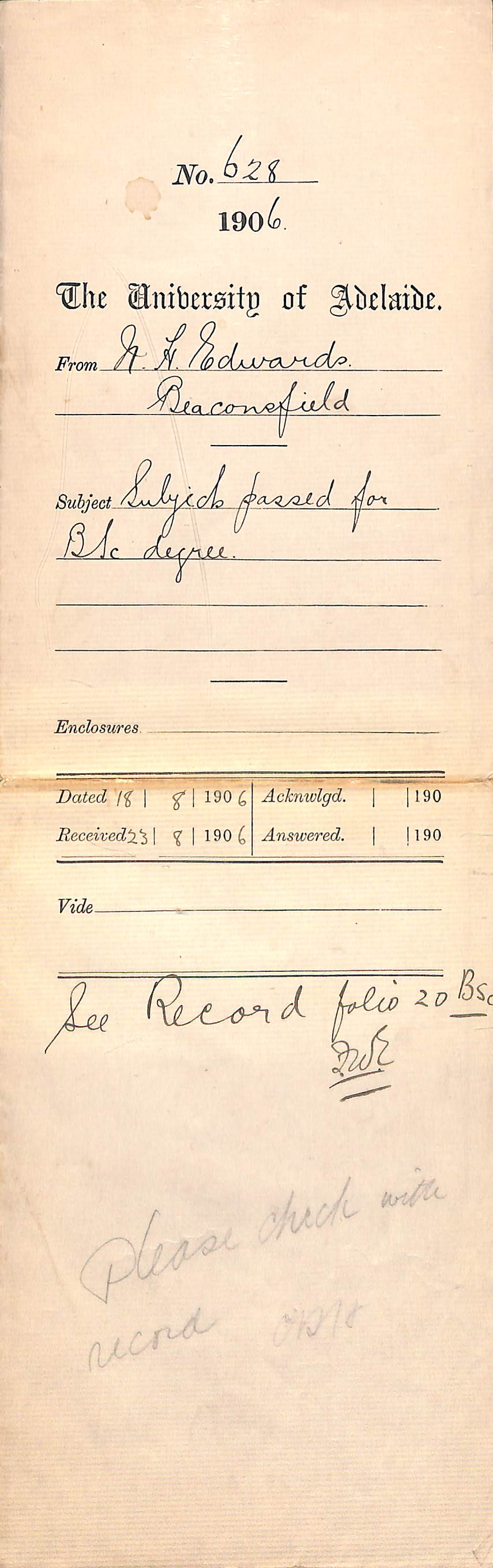 Subjects passed for BSc Degree