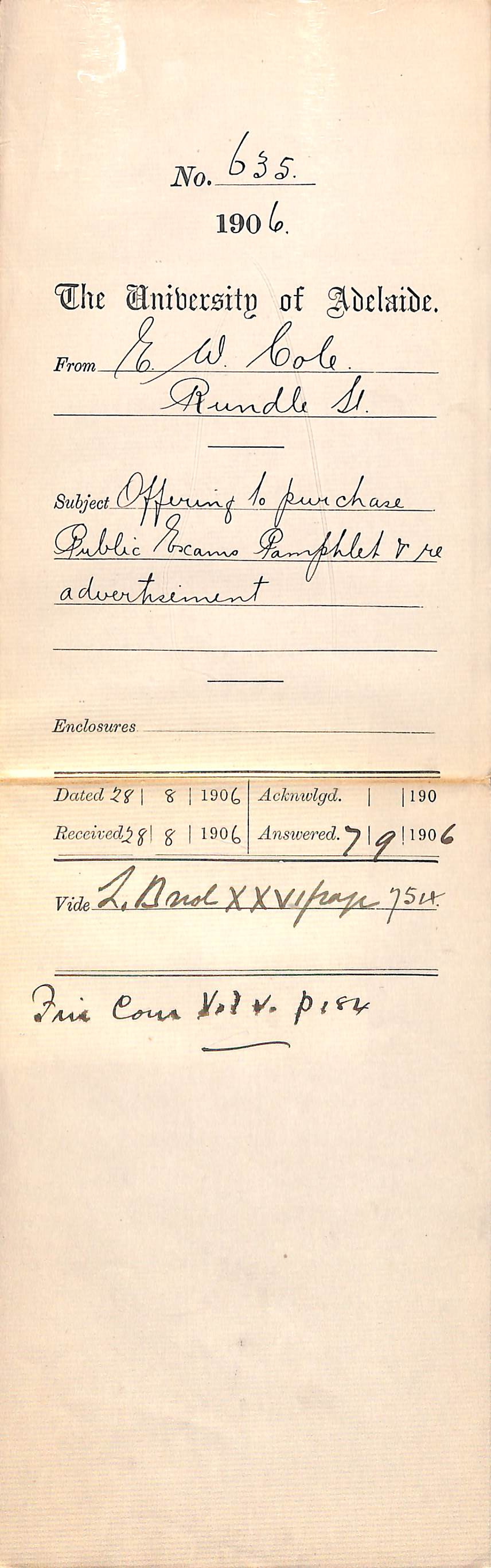 Offering to purchase Public Exams Pamphlet and re Advertisement