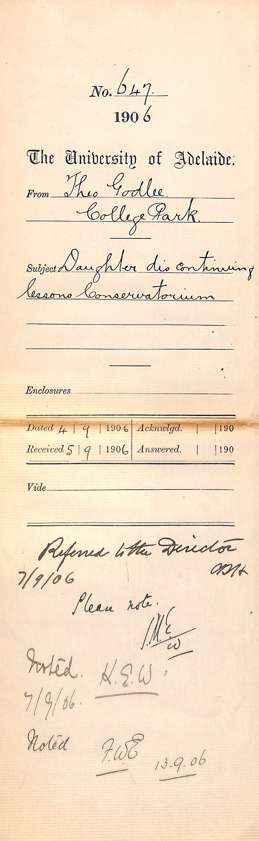 Daughter discontinuing lessons Conservatorium - Godlee