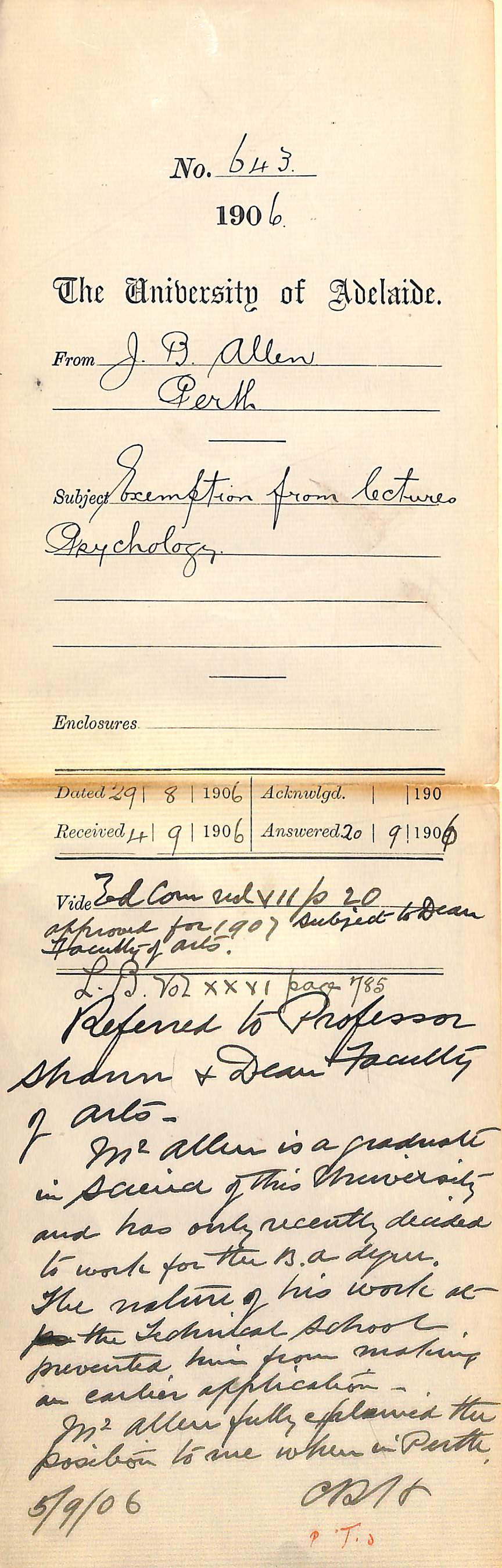 Exemption from lectures Psychology - Allen