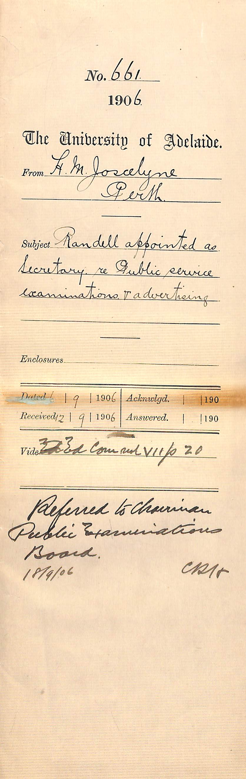 Randall appointed as Secretary re Public Service Examinations and Advertising