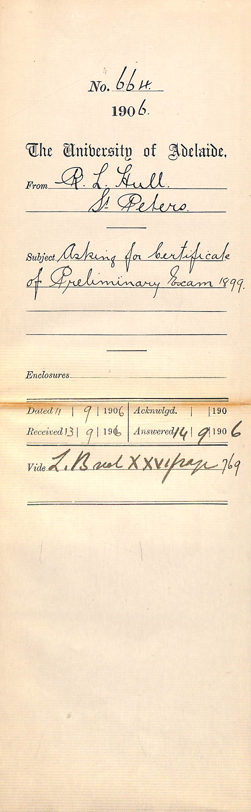 Asking for Certificate of Preliminary Exam 1899