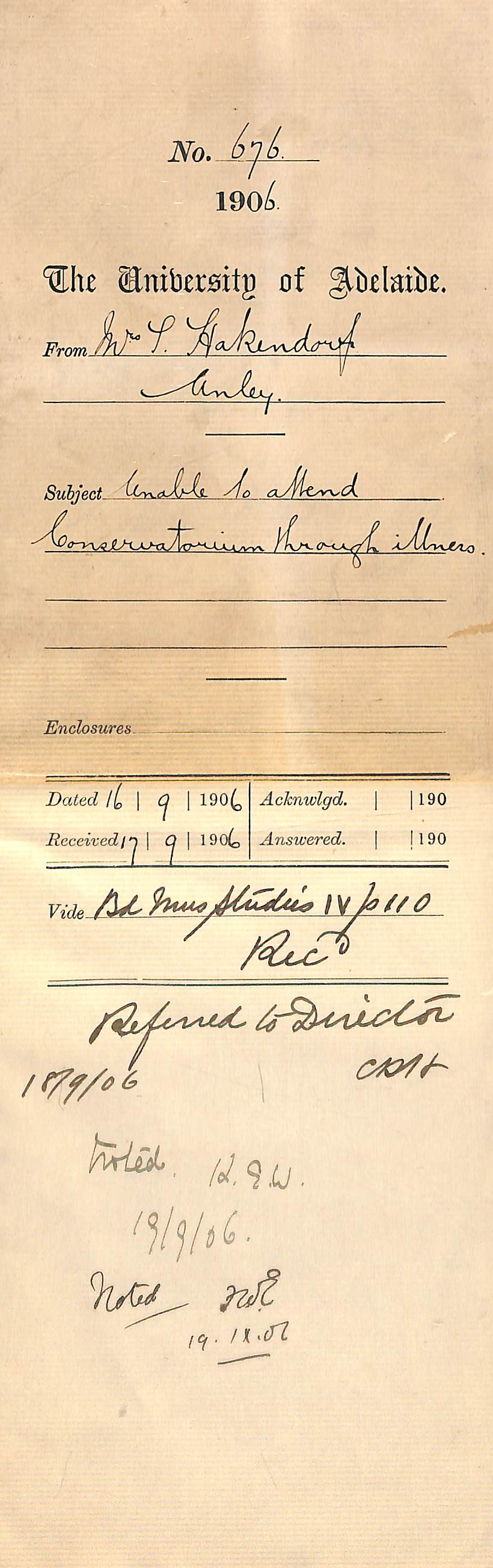 Unable to attend Conservatorium through illness - Jens Hakendorf