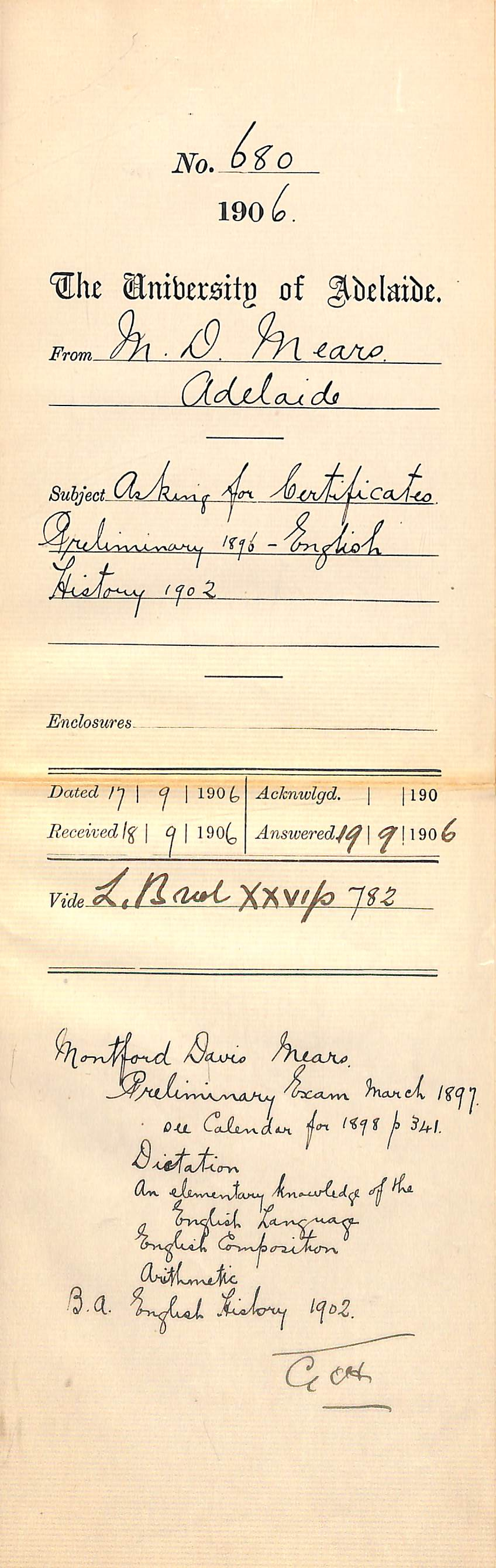 Requesting certificates of passing Preliminary and English History Examinations