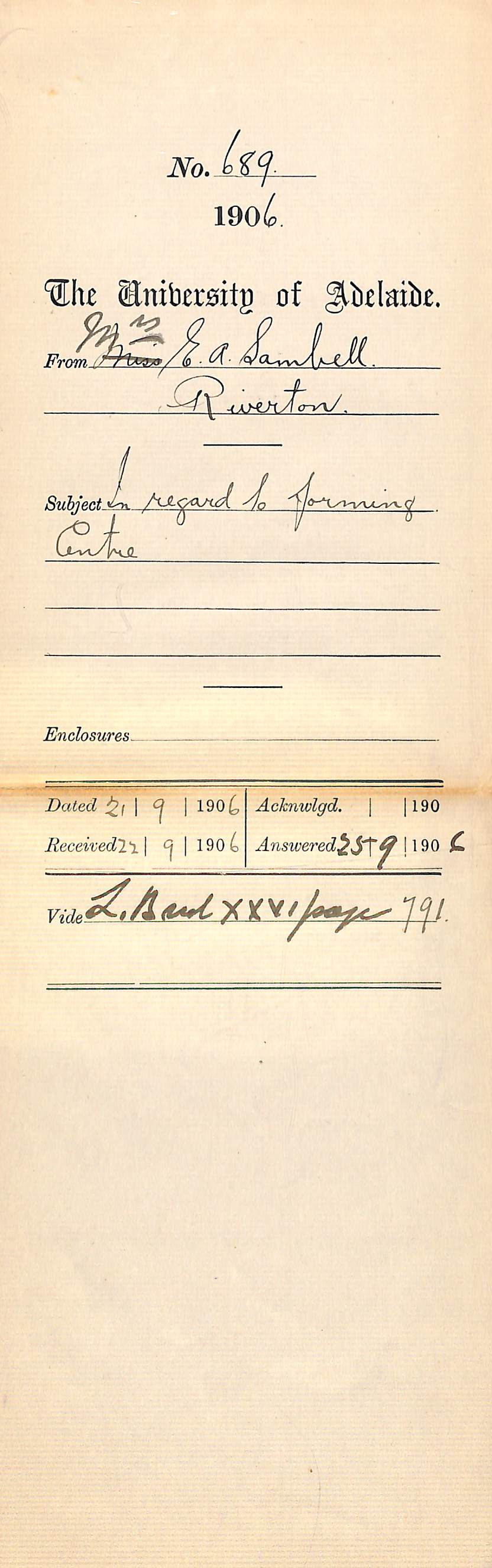 Regarding the formation of a centre for music examination at Riverton